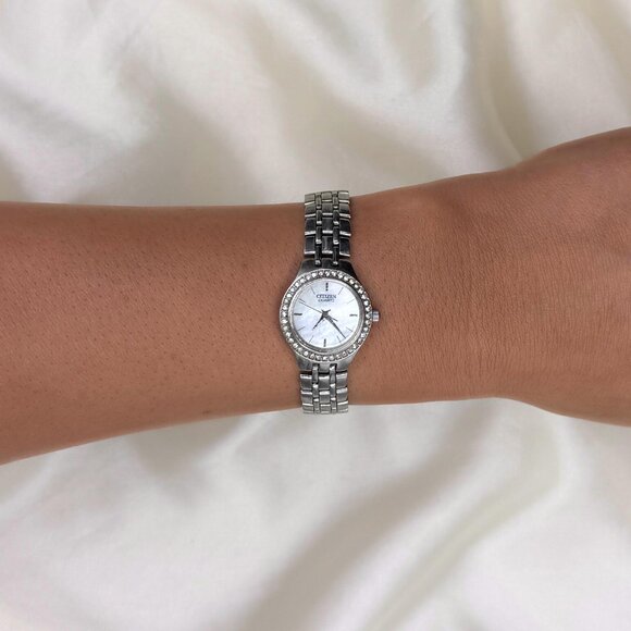 Vintage Citizen Rhinestone Bezel Watch: Mother of Pearl Dial, Silver Bracelet - Picture 1 of 7